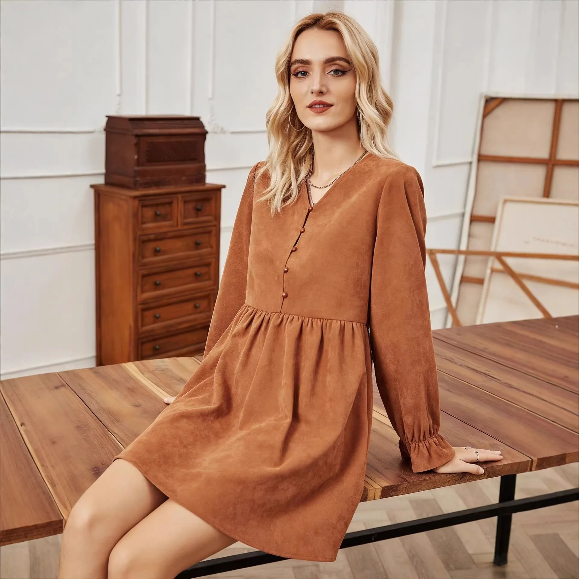 2026 Cross-Border European American Women's Spring And Autumn V-Neck Elegant Short Skirt Long Sleeve Faux High-End Fashion