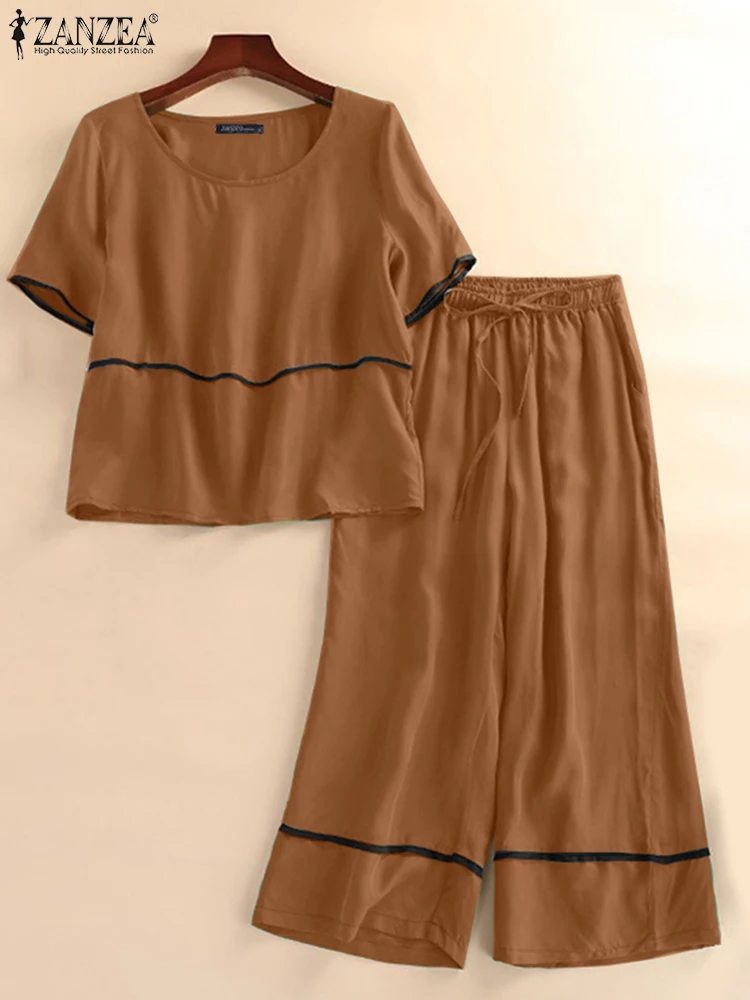 

ZANZEA Contrast-Piping Women 2pcs Suits Short Sleeve T-Shirts Elegant Outfits Wide Leg Pants Pant Sets Casual 2 Piece Sets