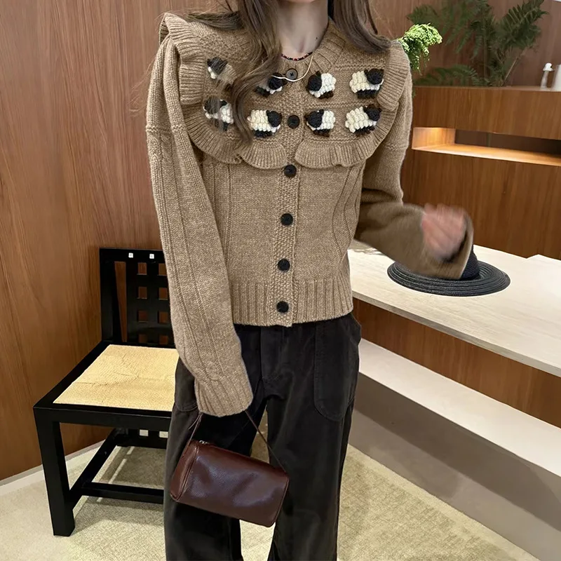 

【Gift Free】 Cute 3D Sheep Embroidery Knit Cardigan 2025 Fall Winter Ruffle Shoulder Round Neck Sweet Style Sweater
