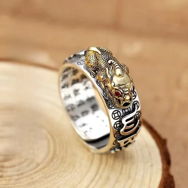 FTCY Chinese Feng Shui Pixiu Ring For Women Men Vintage Adjustable Golden Toad Jewelry Rings Wealth Lucky Jewelry