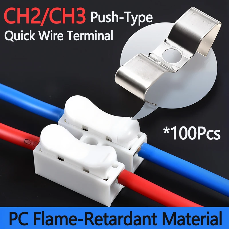 

100pcs 5A 250V CH2 CH3 Electrical Connector 2/3 Pin Push Quick Spring Loaded Flame Retardant for Wiring Electrical Projects