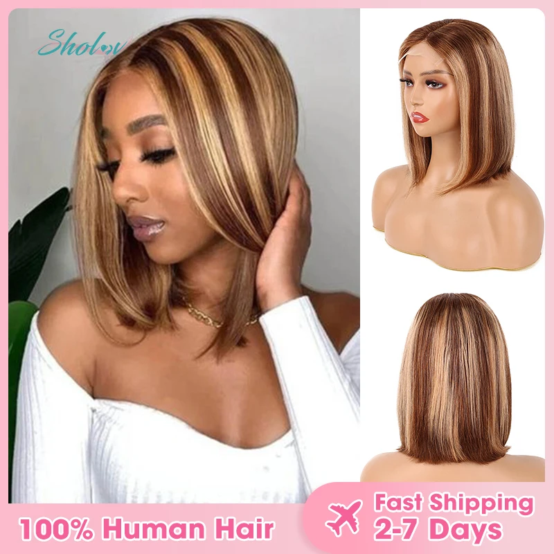 

12inch Wear and Go Glueless Bob Wig Human Hair Mixed Color Short Straight Bob Wig for Black Women 4x4 Lace Hair Wig 180% Density
