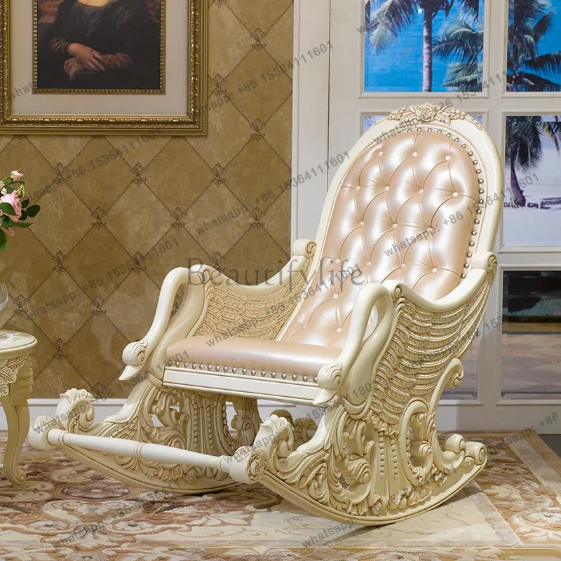 European ivory white carved rocking nap chair household all solid wood leather elderly recliner custom