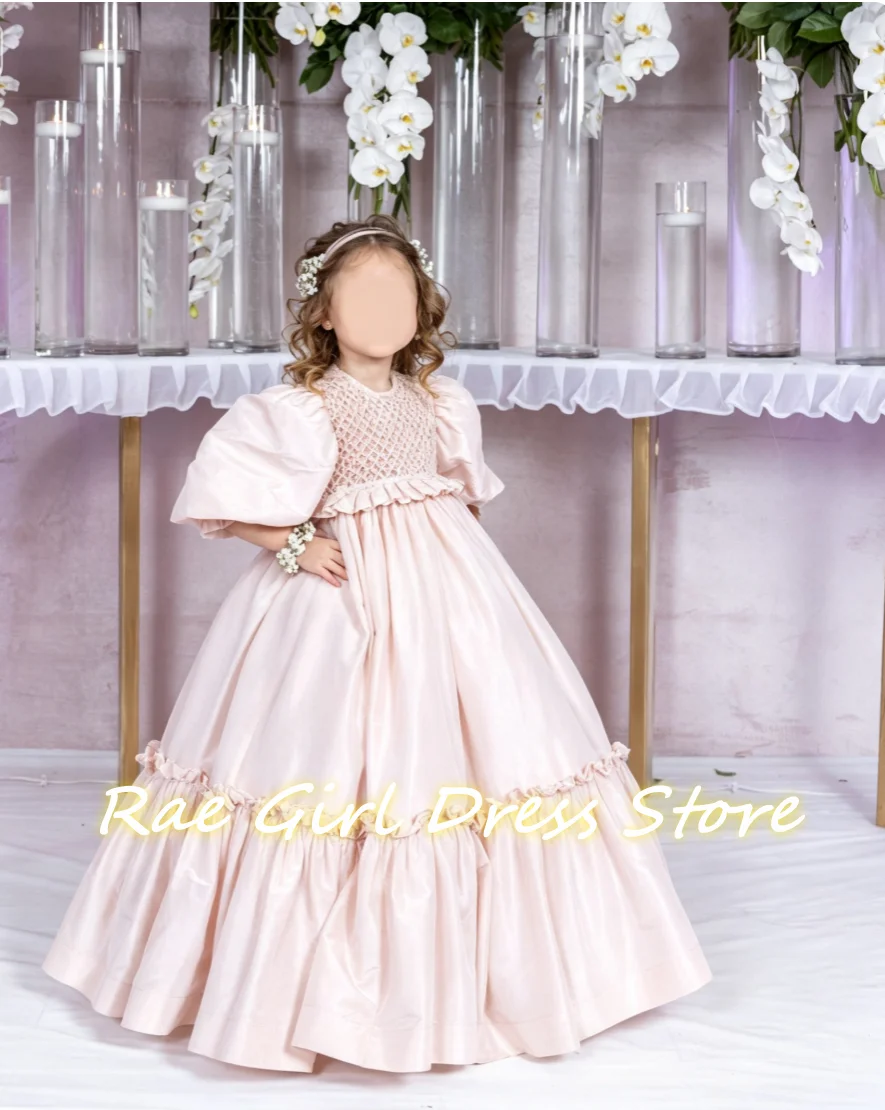 Vestido rosa de satén para niña, mangas cortas abullonadas, cuello con volantes y detalles de crochet, para boda, dama de honor, personalizado