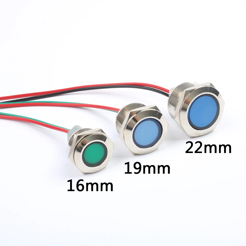 

LED Metal Indicator light 16mm 19mm 22mm flat round Signal lamp Light with wire red yellow blue white Green 12-24V