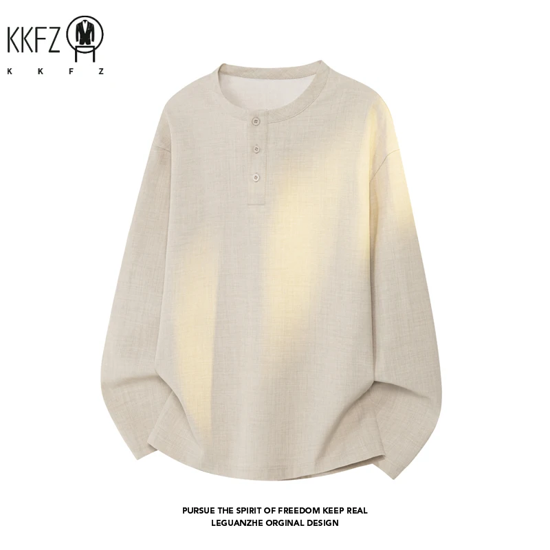Mens Relaxed Henley Shirt Crew Collar Half Button Long Sleeve Textured Material Loose Streetwear Pullover - view 2