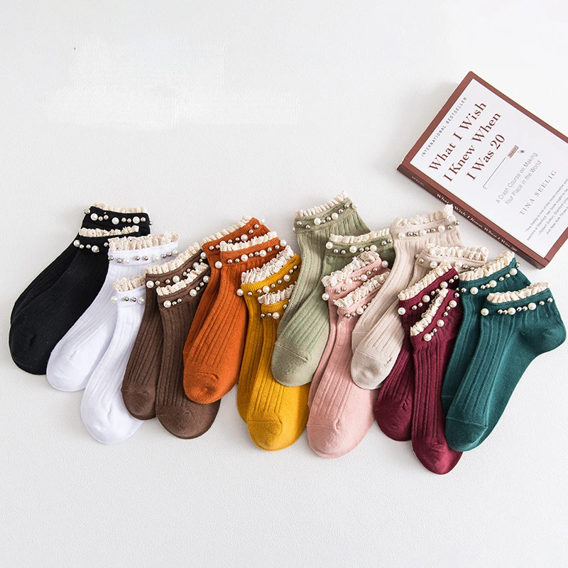 (2 Paar) Frühling und Herbst Socken Damen koreanische Version All-Match-Socken japanische Perle Spitze Socken