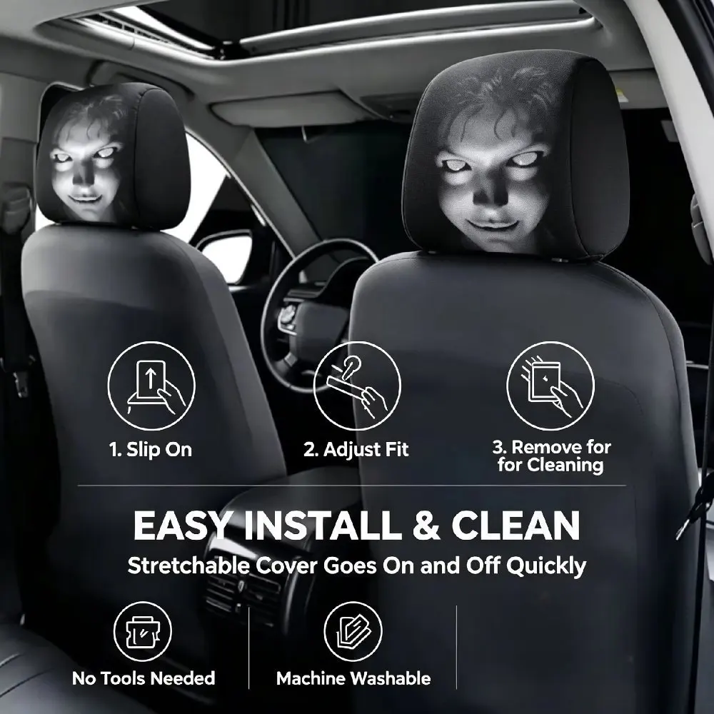 Halloween Scary Ghost Face Car Headrest Covers Double-Sided Printed Elastic Funny Prank Car Seat Headrest Protector Most Cars