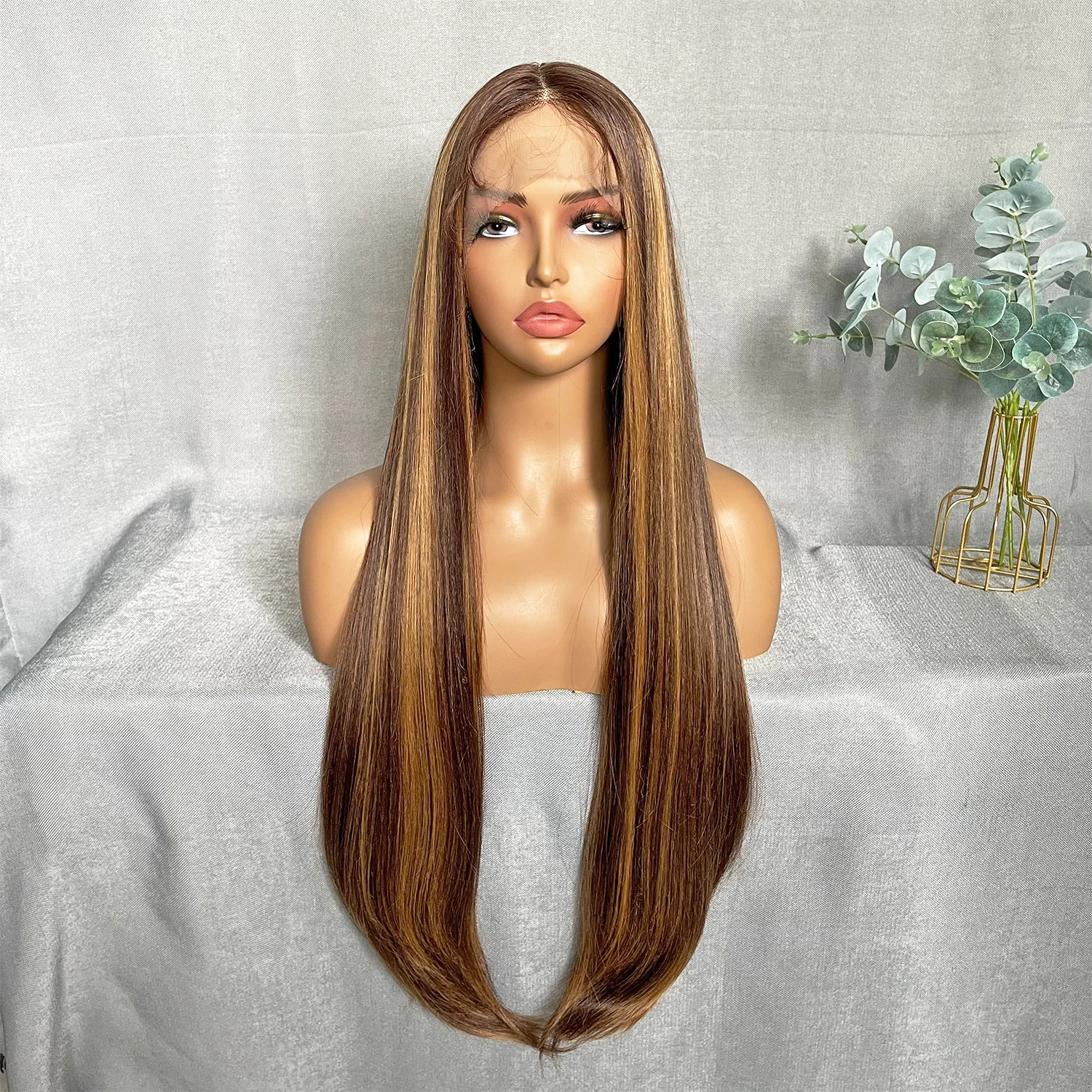 

X-TRESS 130% Density Lace Frontal Wigs Long Straight Ombre Brown Natural Synthetic Middle Part Wig for Black Women Daily Party