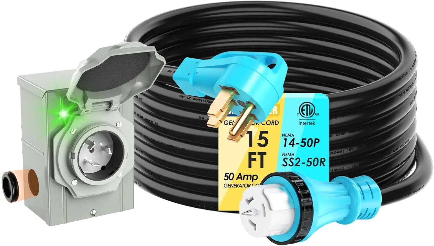 

50 Amp 15Feet Generator Cord and Power Inlet Box Combo Kit NEMA 14-50P Male to SS2-50R STW 6/3+8/1 AWG 125/250V Twist Locking