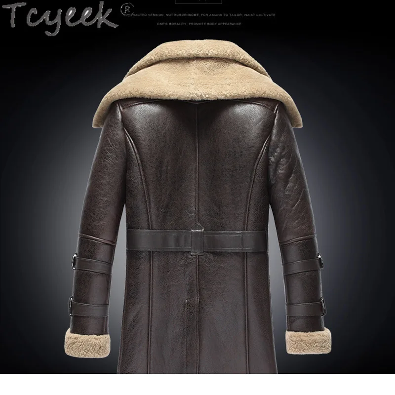 Tcyeek-jaqueta de pele natural masculina, camada dupla, pele de carneiro de comprimento médio, couro genuíno, roupas masculinas, cinto grosso, chique, inverno