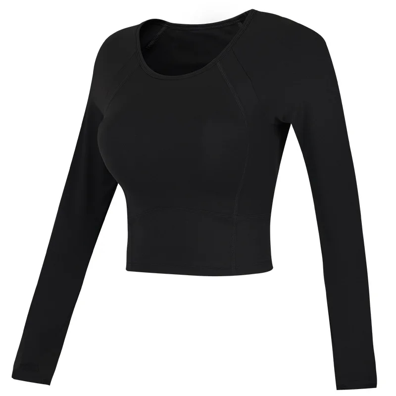 2025 Women's Short Pilates Training Top with Chest Mat Yoga Suit Tight and Slimming Sports Long Sleeve Solid Color Versatile