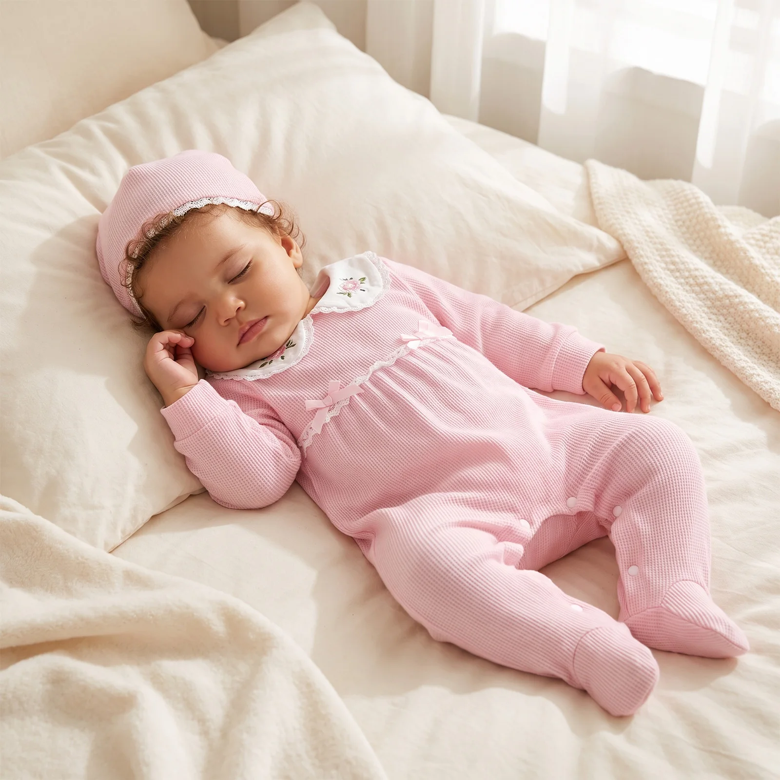 Sweet Newborn Girl Spring Fall Romper Floral Embroidery Doll Collar Footed Jumpsuits Hat