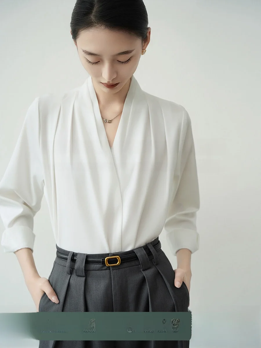 

Женская атласная блузка Achu с V-образным вырезом, профессиональная, для офиса, для собеседований, белая, легкая, свободного кроя, с длинным рукавом