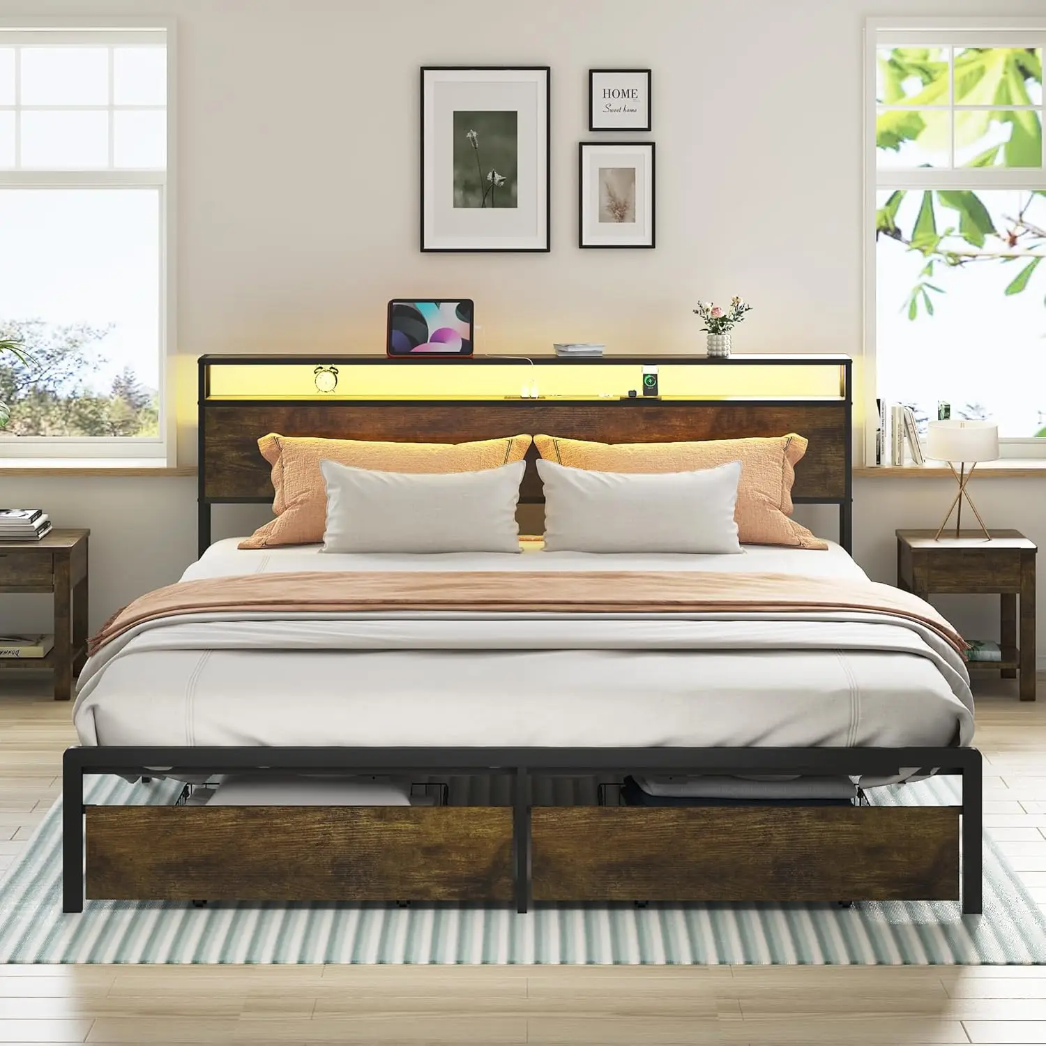 King Bed Frame With Storage Headboard, Metal Platform Bedframe With Storage Drawers, Built In Led & Charging Station, Metal