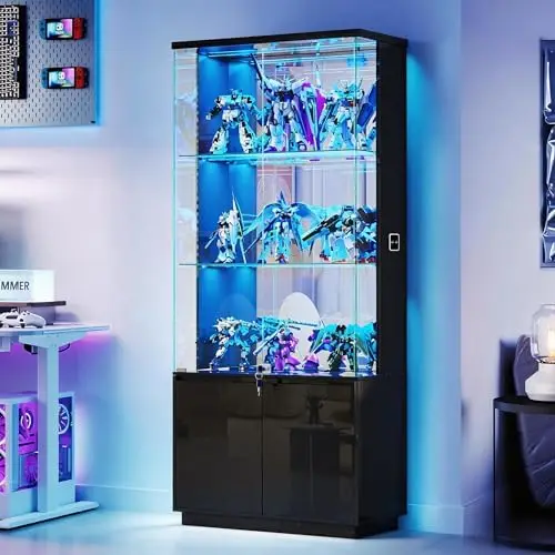 71'' Display Cabinet with Glass Doors&3 Color Lights&Lockable for Bedroom Black,High Gloss Curio Cabinet with