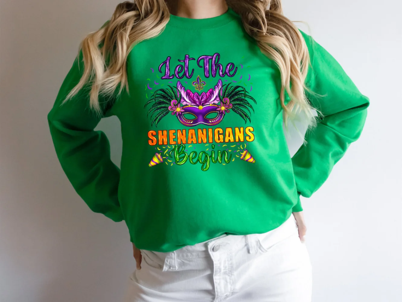 

Let The Shenanigans Begin Mardi Gras Sweatshirt Purple Green Gold Celebration Saints Fat Tuesday Shirt New Orleans Pullover Top