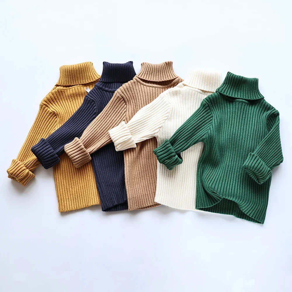 2026 Spring New Soft Tight Unisex Kids Knitwear Sweaters Solid Multi Color Girls Sweater Brief Boys Pullover Turtleneck Outwear