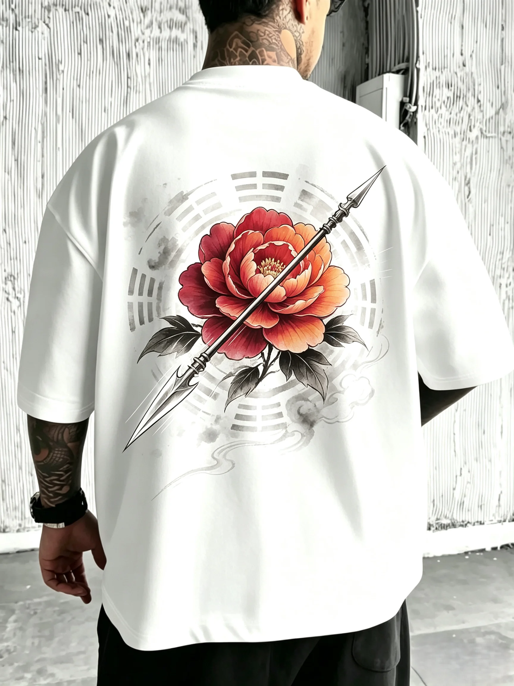 Unisex Oversized T‑Shirt Bagua Peony Flower Spear Cloud Ink Wash Oriental Back Print Hip Hop Streetwear Short Sleeve Tee Men Women