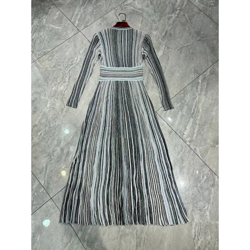 Metallic Striped Print Knitted Long Sleeve Dresses for Women 2026 Autumn New Slim Fit Deep V-Neck Sexy Long Dress Evening Gown