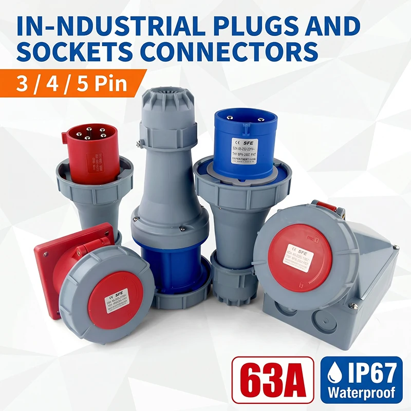 CEE 63A Industrial Socket IP67 – 3/4/5 Pin 220-415V Waterproof Male Female Plug Set, Surface Mount or Recessed Installation