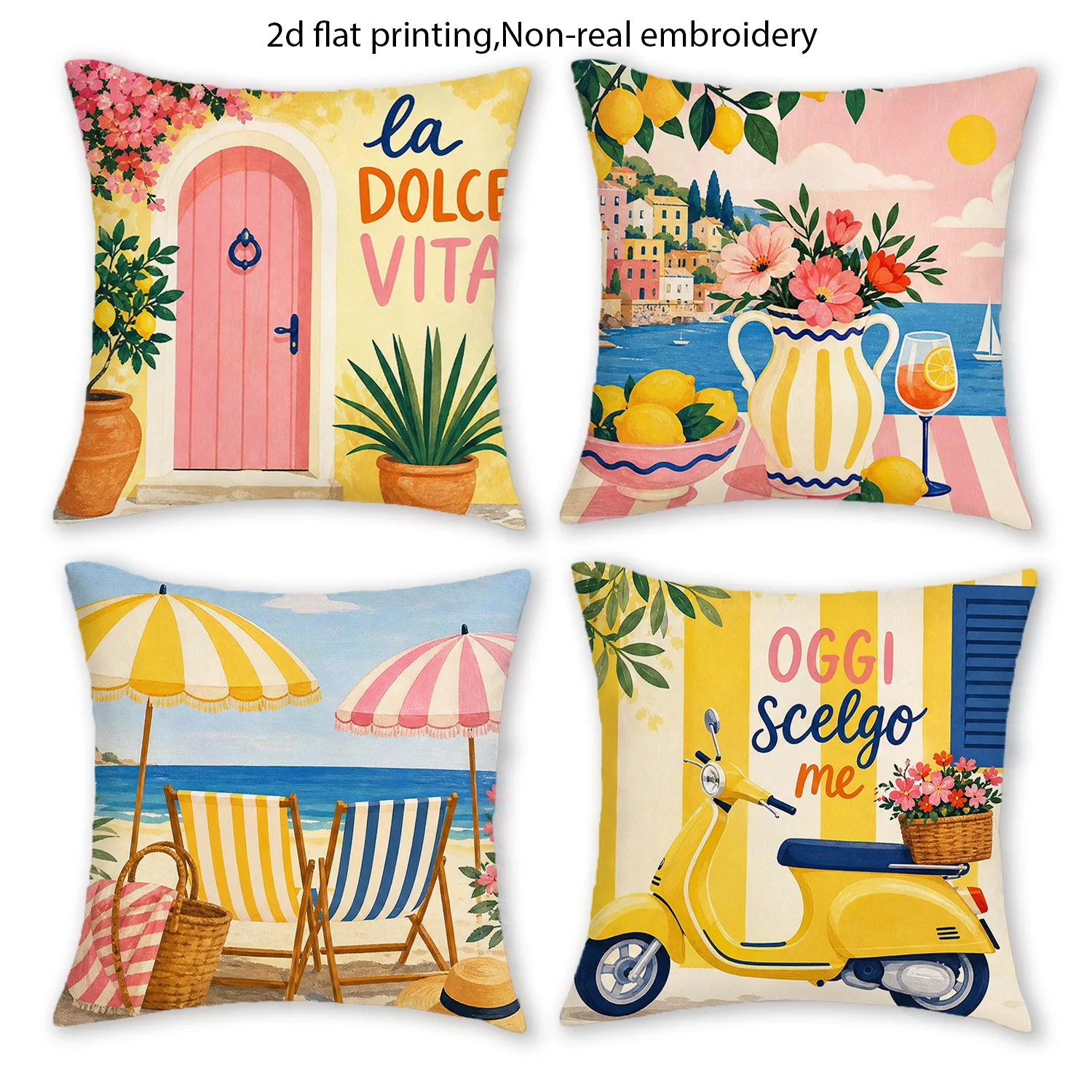 Set of 4 Mediterranean Throw Pillow Covers Italian Summer Beach Boho Coastal Lemon Lifestyle Decor Art Print