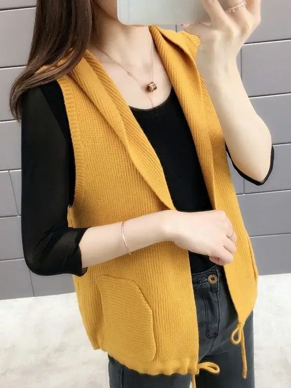 Spring Autumn Knitted Sweater Vest Women's Open Cardigan Sleeveless Loose Outerwear Hooded Vest Breathable Comfortable Casual