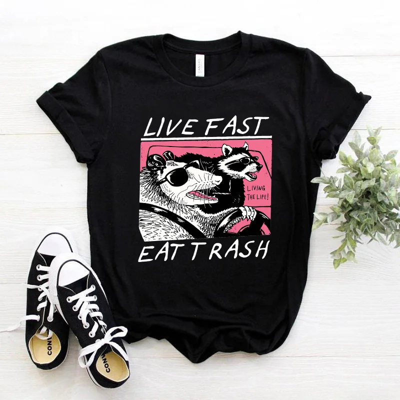 Live Fast Eat Trash Tshirt Women Funny Street Cats Printing Graphic Tee Anime T-shirt Summer Short Sleeve Women\'s Trend T-shirts