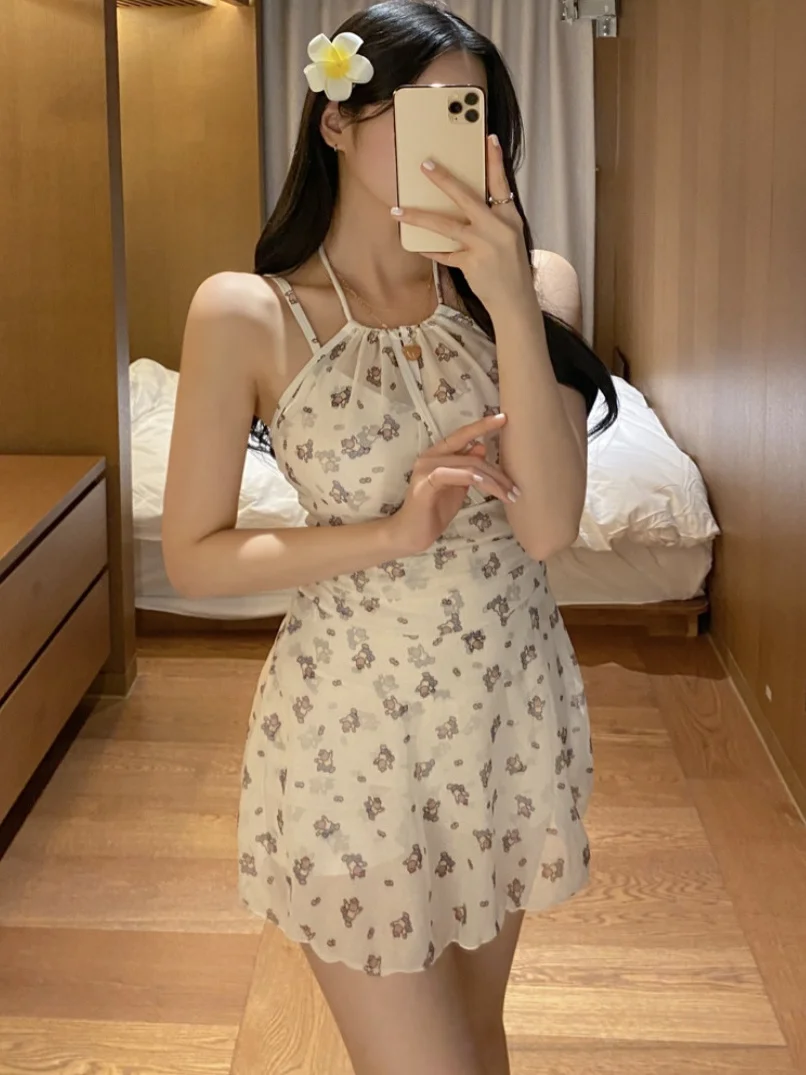 

New Floral Print Halter Sexy Women's One-Piece Swimsuit Slimming Belly Cover Hot Spring Vacation Resort Style Sporty Fitness