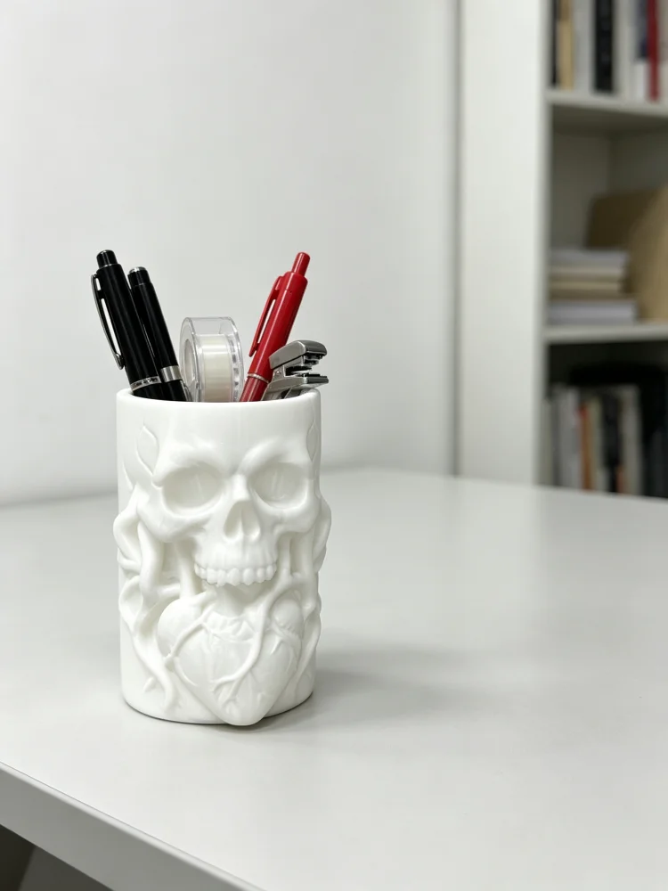 Chic Office Gift: Skull Heart Embossed Pen Holder, Gothic Style Spooky Skeleton Design Desktop Pencil Cup, Matte White Petg Sturdy and Smooth Surface, Desktop Pen Organizer, Desktop Storage Supplies, Stationery Storage Rack, Suitable for Home Office Study Desk, Storage for Pens, Pencils, Markers, Scissors, Small Stationery Items, Dark Aesthetic Desktop Decoration, Halloween Quirky and Cool Desktop Essential