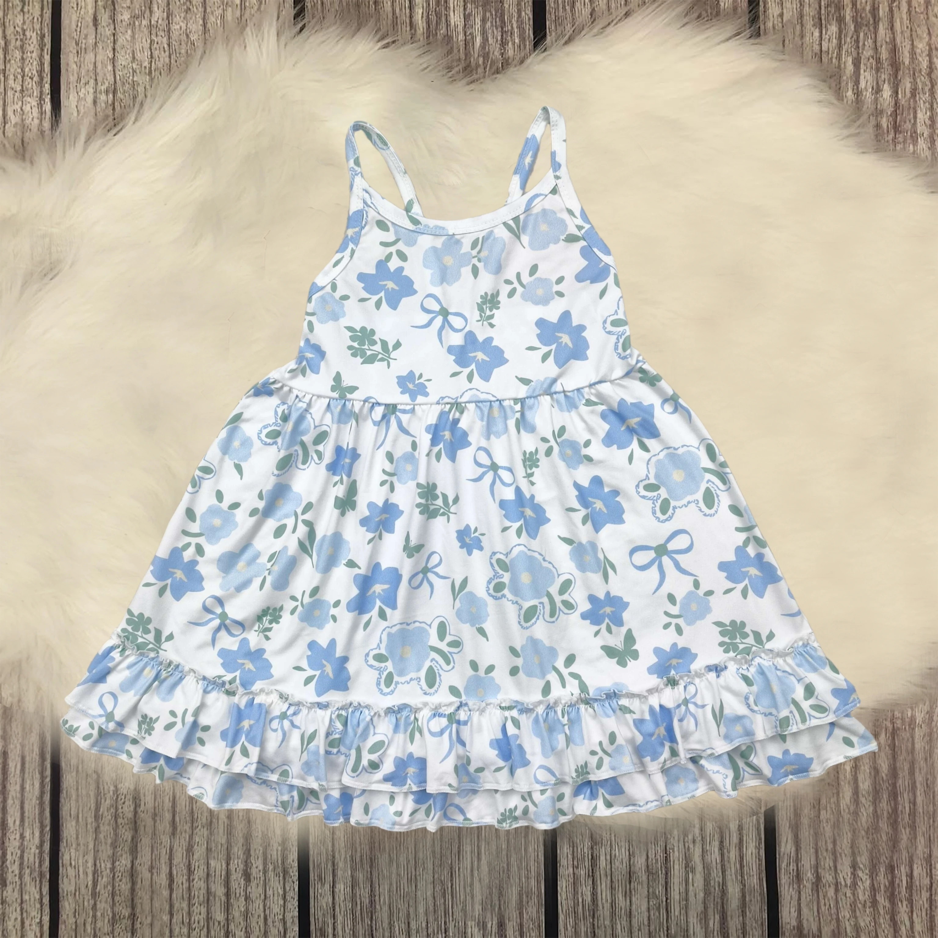 

Wholesale Hot Sale Baby Girls Blue Strap Floral Knee Length Dresses Kids Designer Children Toddler Boutique Clothes Infant