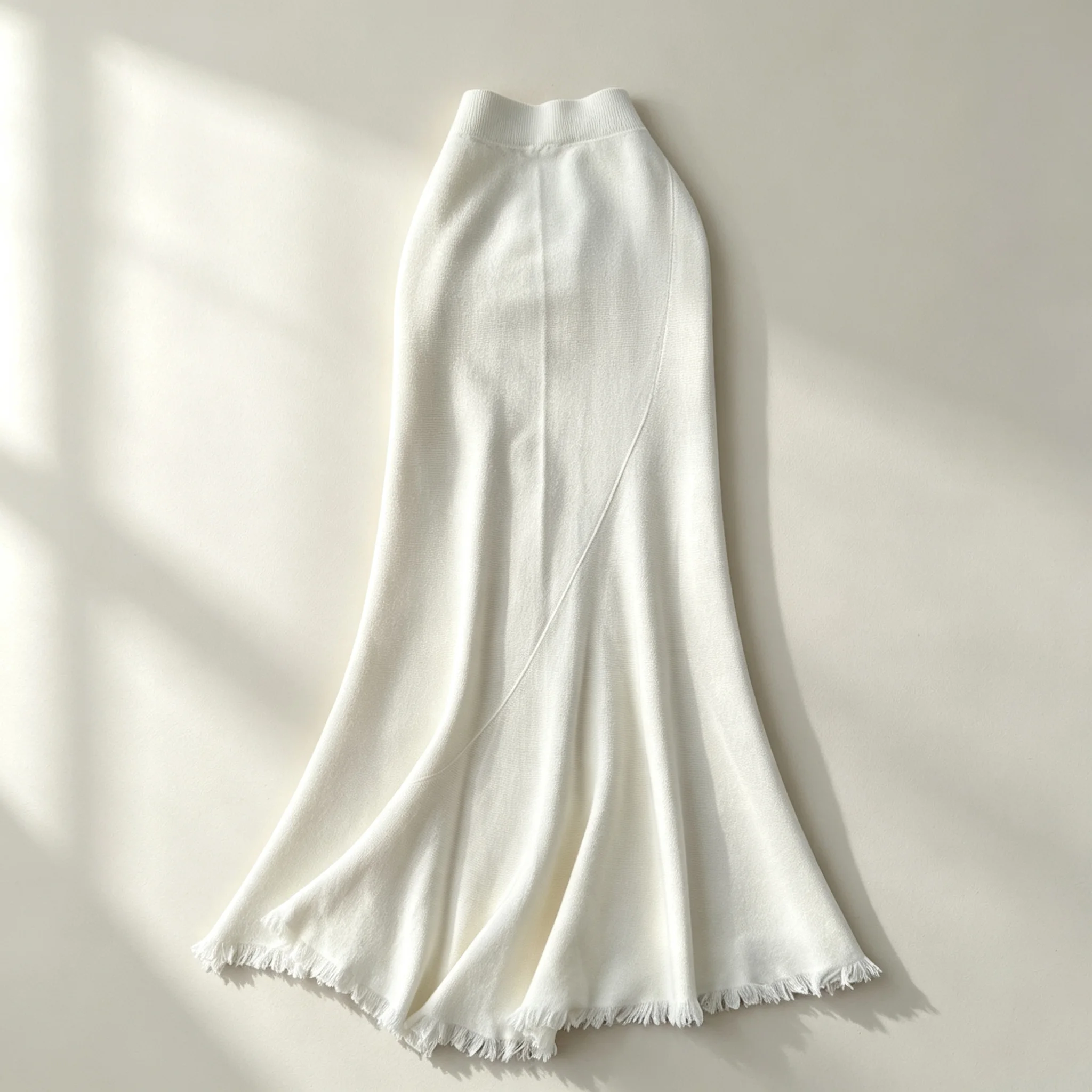 Women Knitted Mermaid Long Skirt High Waist Fringe Hem  Skirt Elegant Solid Color A‑Line Swing Skirt Autumn Winter Knit Ski