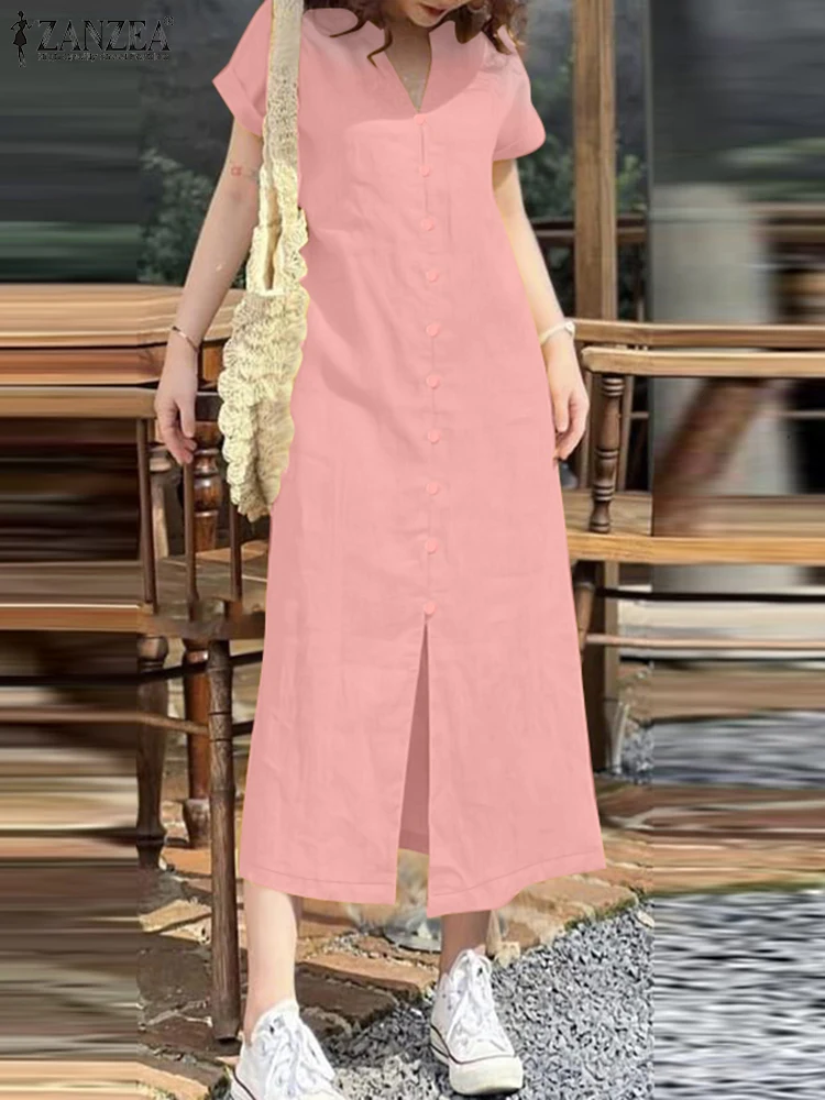 

ZANZEA 2025 Summer Shirt Dress Fashion Women Sundress Elegant V Neck Short Sleeve Work Sundress Casual Buttons Midi Vestidos