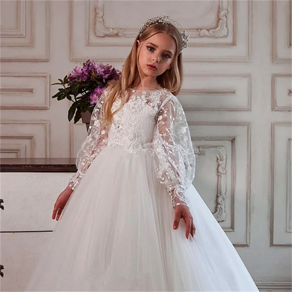 Flower Girl Dress Princess Ball Beauty Pageant First Communion Long-sleeved Tulle Lace Printing Kids Surprise Birthday Present