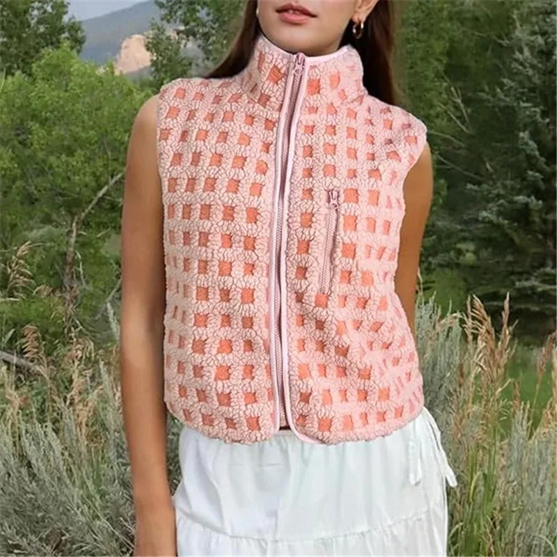 

Women’s Fuzzy Checkered Vest Sleeveless Stand Collar Zip Up Cardigan Vest Jacket Spring Fall Y2K Outwear