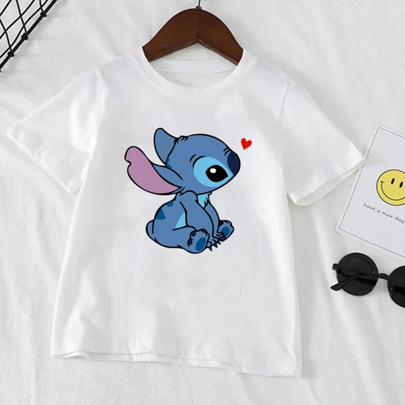 Camiseta branca de manga curta com stitch de desenho animado, roupa fofa com stitch da disney para meninos e meninas