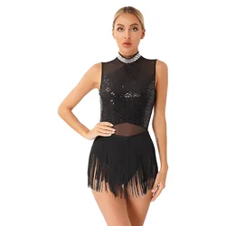 Kadın Glitter Fringe jimnastik şekil pateni elbise Sequins püskül Latin caz dans Leotard Bodysuit lirik dans elbise