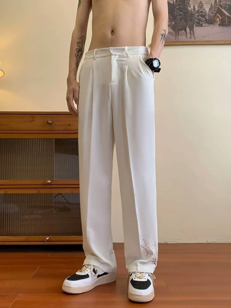 

Men's Casual Wide Leg Suit Pants Summer Breathable Ice Silk Comfortable Loose Straight Tube Trousers with Embroidery Design