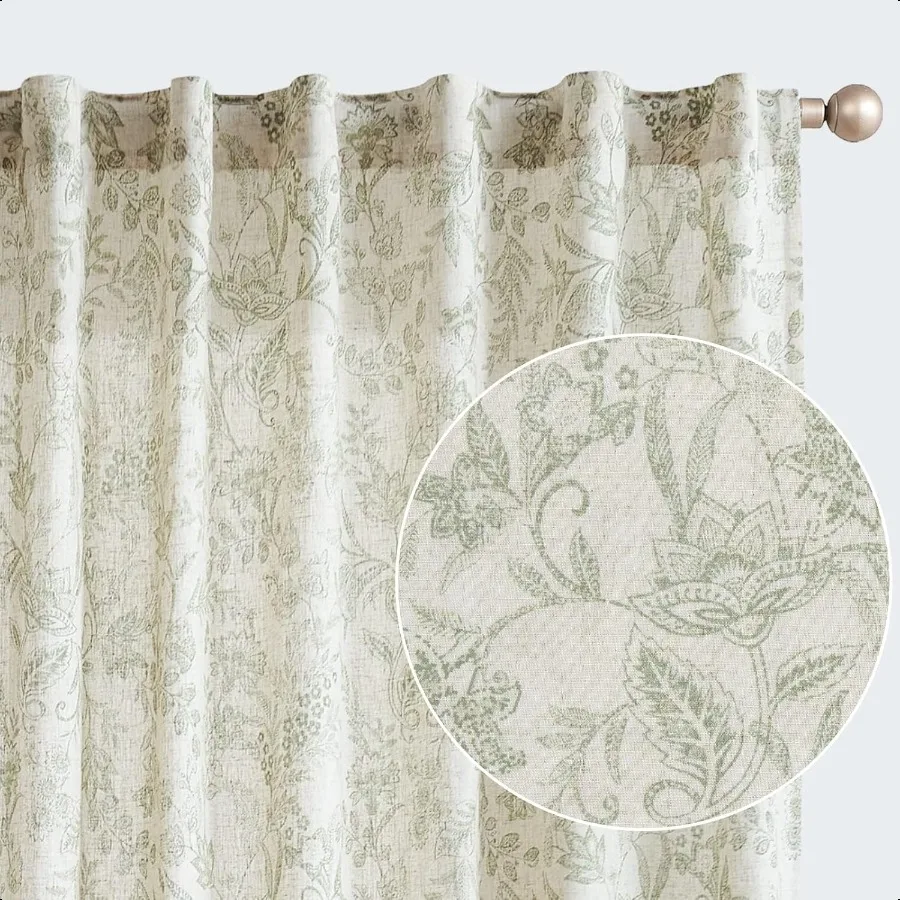 Rideaux en mélange de lin floral pour salon, ferme de campagne française verte, 84 pouces de long, filtrage de la lumière, semi-transparent, vent de cuisine