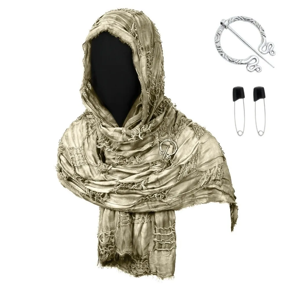 Gothic Distressed Hooded Scarf Polyester Long Halloween Viking Cosplay Wrap Costume Accessory Adjustable Medieval Shawl Festival
