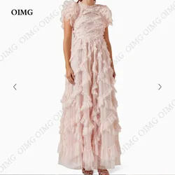 OIMG Pink Dottes Tulle A Line Long Evening Dresses Tiered Ankle length A Line Cape Sleeves Prom Gowns Wedding Party Dress