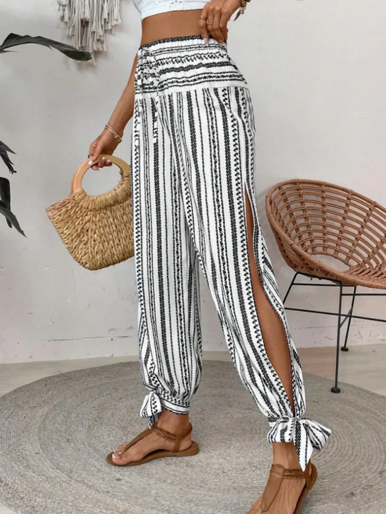 

European and American cross-border 2025 summer new product Bohemian high waist slit hem knotted casual style Harun Yoga pants