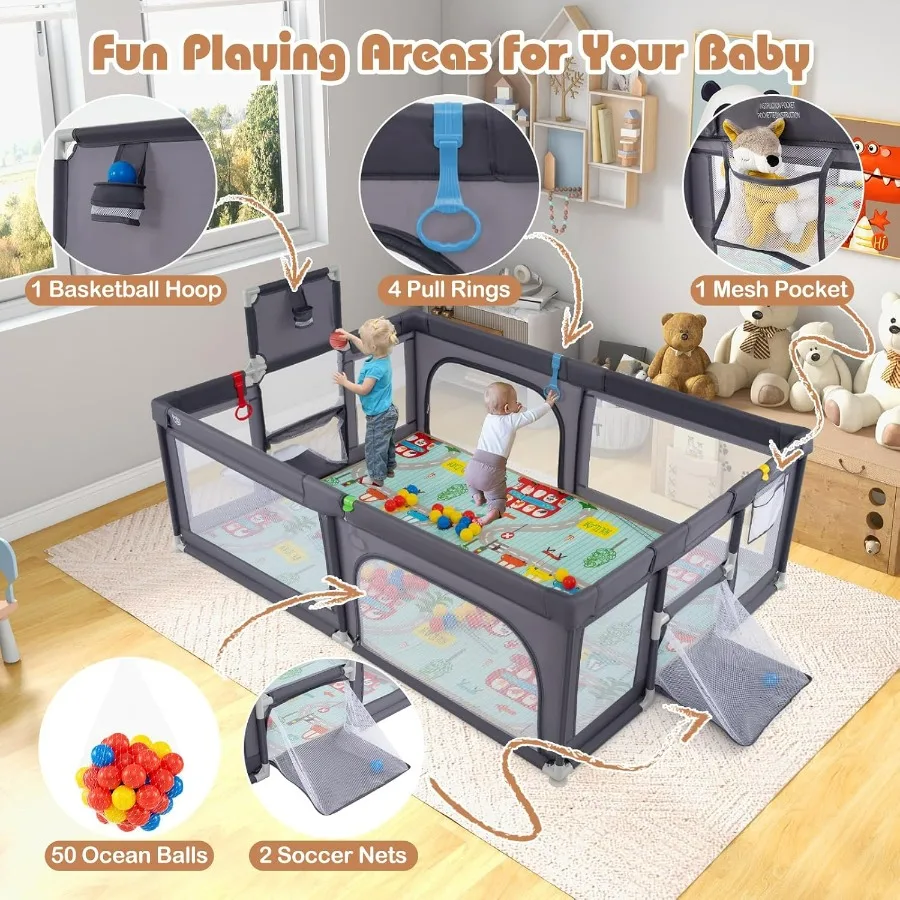 Cercadinho grande para bebês com tapete, 81 ''x 57'', cercadinho para bebês e crianças com cesta de basquete, redes de futebol, puxar anéis, bolas do oceano zi