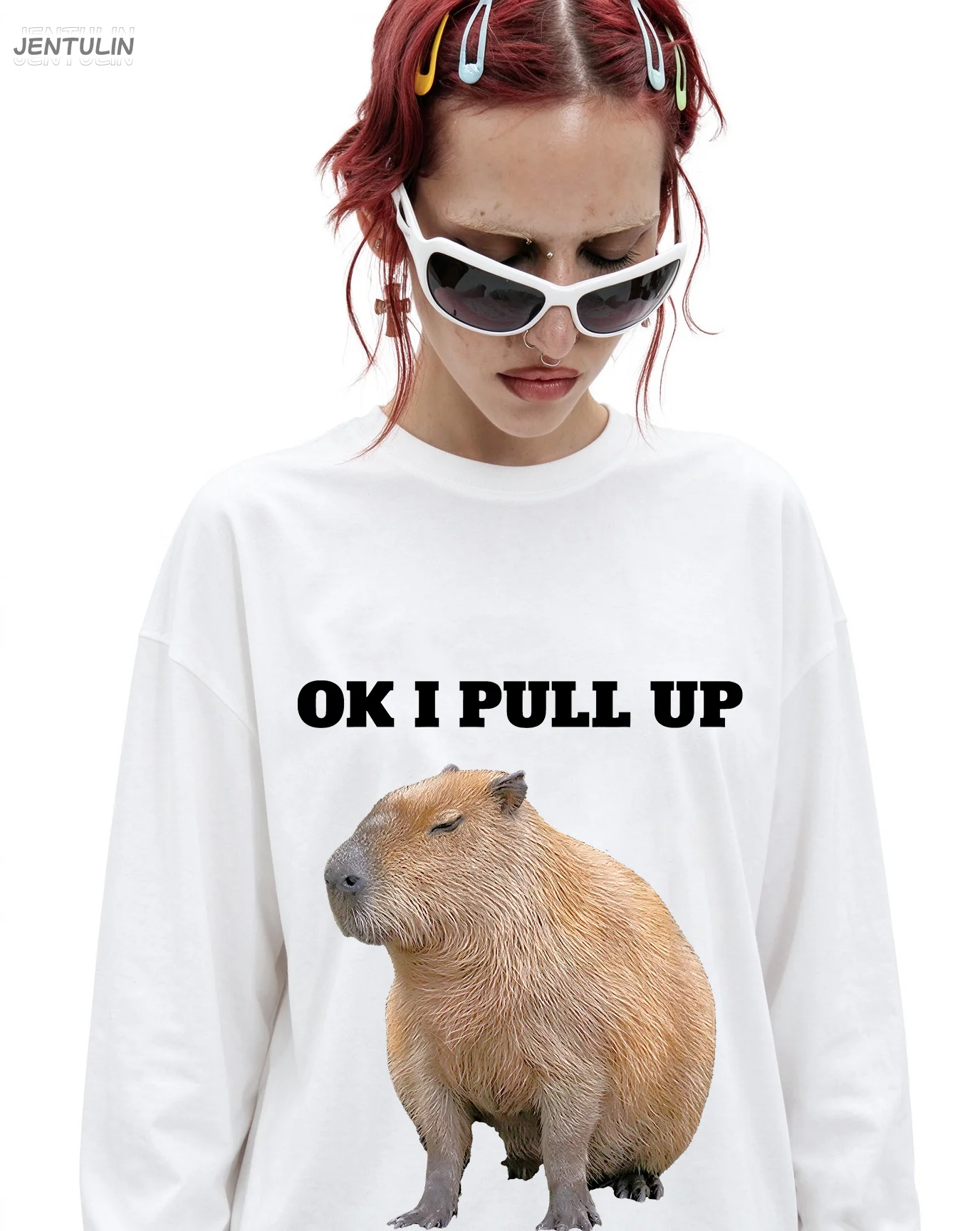 Long Sleeve T Shirt OK I Pull Up Capybara Meme Graphic Top Streetwear Casual Oversized Crew Neck Long Sleeve Tee Unisex