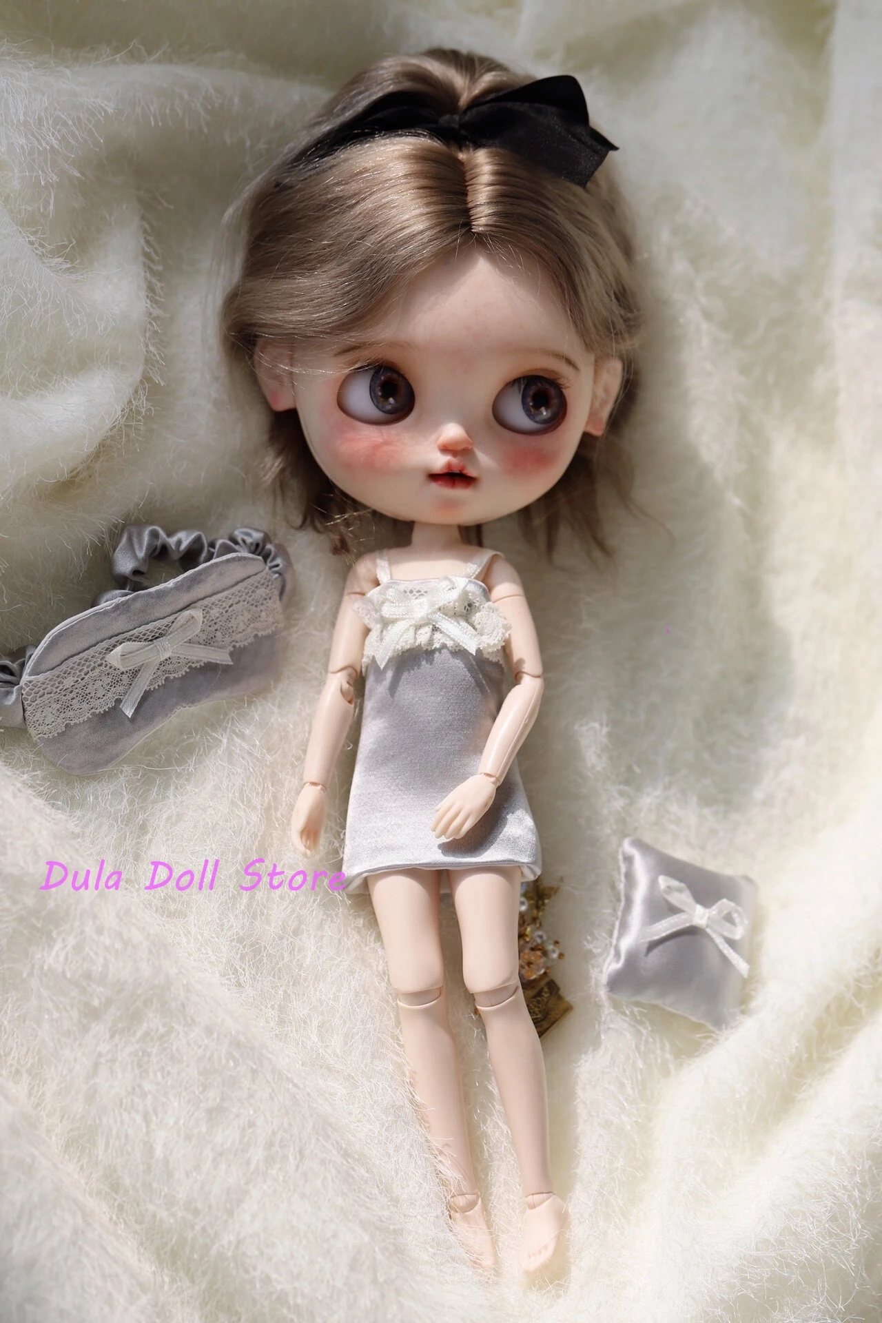 S Dula Doll Clothes Abito in vero pizzo di seta e maschera per gli occhi per Blythe Landazz Landoudou ob24 ob22 Bjd Doll