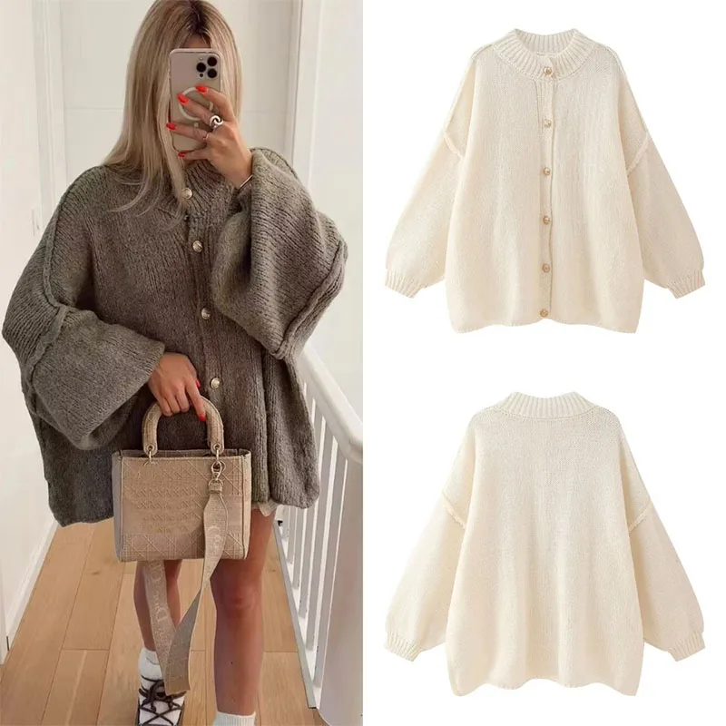 

Женские свитера, кардиган, осенне-зимняя однобортная верхняя одежда с круглым вырезом, однотонный трикотаж, женские повседневные свободные вязаные пальто