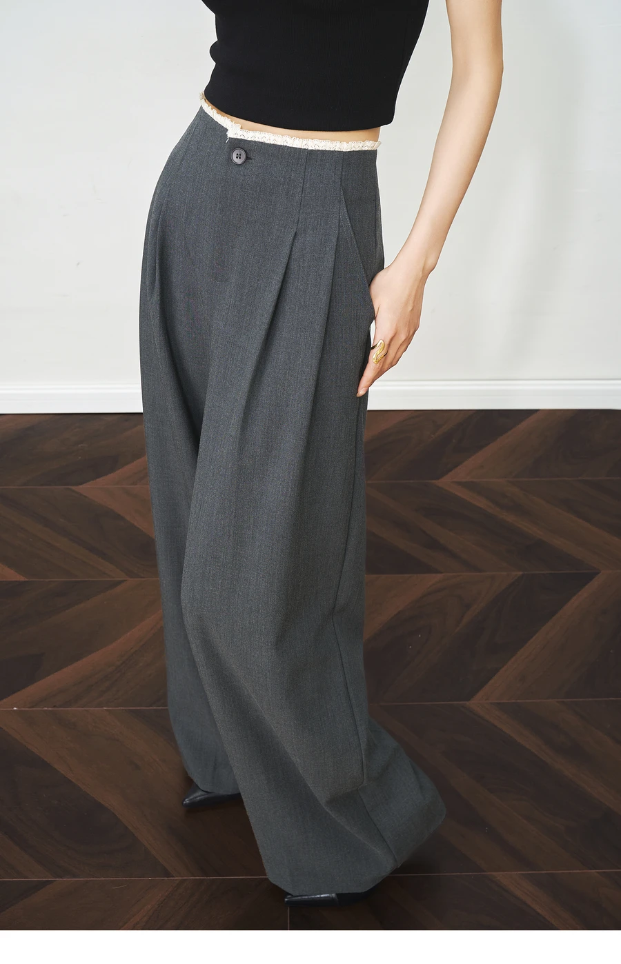 OLrain Summer Women's 2025 Grey Fungus Pants High Waist Elegant Casual Contrasting Combined Straight Legs Lady Pants O57XK99258