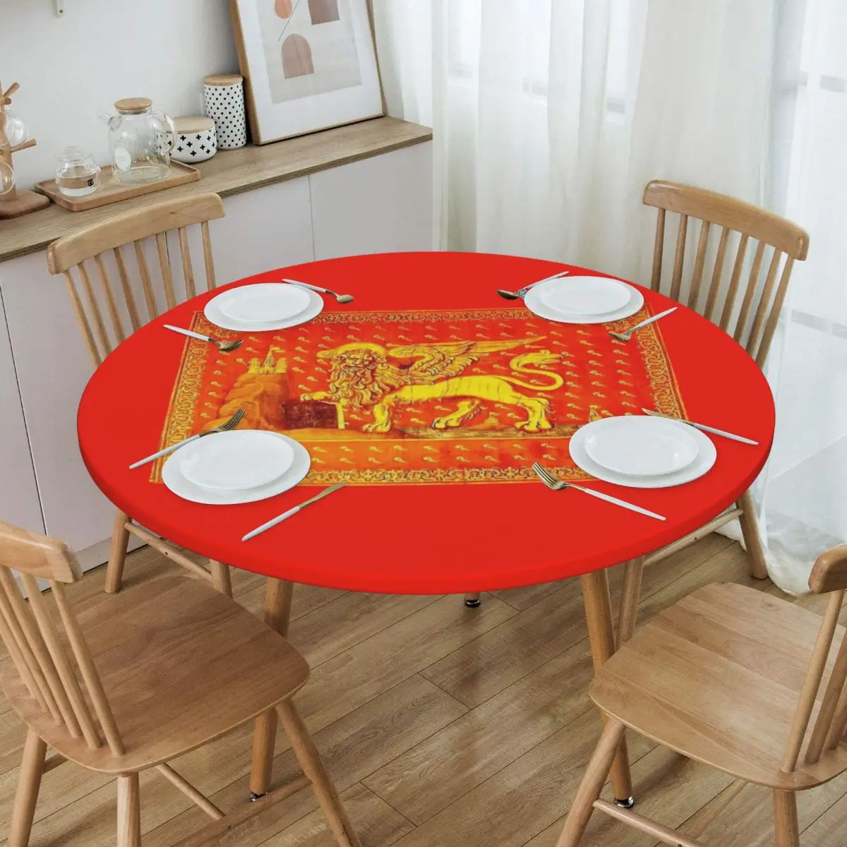 Venice Veneto Flag Tablecloth Round Fitted Waterproof Lion of Saint Mark Table Cloth Cover for Party