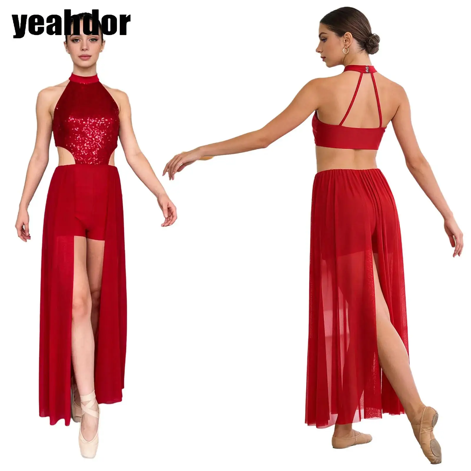 

Женское балетное платье для лирического танца, костюм для выступлений по фигурному катанию, с сетчатыми вставками, стразами, асимметричной юбкой и леотардом