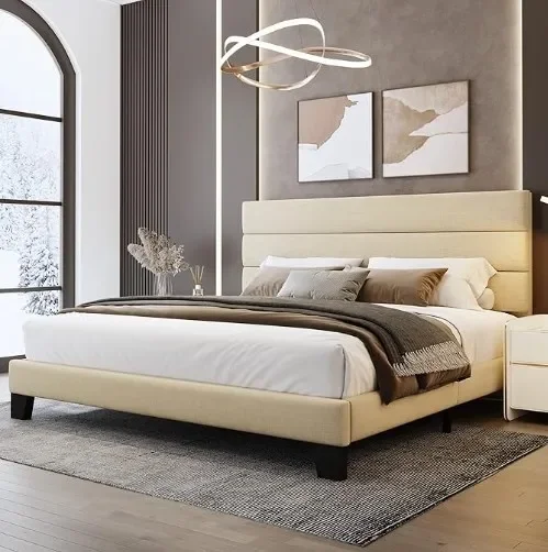 Bed Frame Platform Bed with LinenFabric Upholstered Headboard and Wooden Slats Support, Heavy Duty Mattress Bed Bases